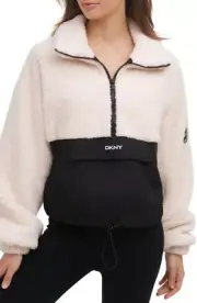 Dkny Sport Women's Roebling Fleece Half-Zip Pullover, Egg Nog/Black, XL $120