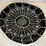 Moroccan Embroidered Black Leather Pouf Ottoman Footstool Unstuffed