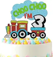 3rd Birthday Cake Topper, Choo Choo I'm 3 train Theme Kids Birthday Glitter Party Decoration Supplies