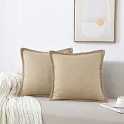 Set of 2 Farmhouse Throw Pillow Covers - Burlap Linen Trimmed Tailored Edges Decorative Cushion Covers for Bed Home Outdoor Decoration (2 Pieces, 18" x18", Beige Brown/Linen Band)