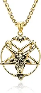 [UMtrade] Men Stainless Steel Inverted Pentagram Baphomet Goat Head Skull Necklace Demon Satanic Pendant Jewelry