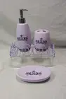 Vtg Bath Vanity Set Ceramic Purple Fleur De Lis Soap Dish Dispenser TBH Tray