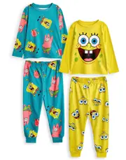 SpongeBob SquarePants Unisex Kids Multi-Pack of 2 Long Sleeve Long Leg Pyjama Set Multicoloured Big Face And AOP 13-14 Years