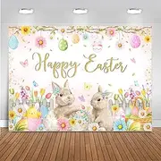 Mocsicka 7x5ft Spring Easter Photography Backdrop Pink Flowers Rabbit Garden Photo Banner Colorful Easter Eggs Hunt Background Party Decorations Photo Props