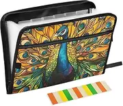 Quteprint 13 Pockets Expanding File Folder with Zipper Closure, Animal Peacock Feathers Accordion File Folder with Sticky Labels, Letter Size A4 Papers Expandable File Document Organizer