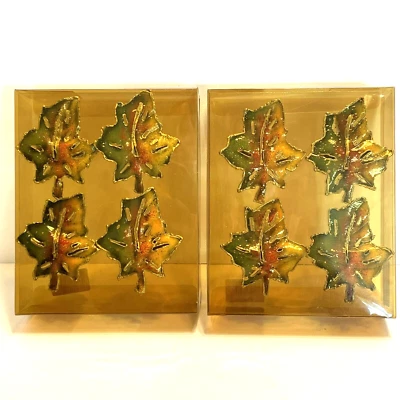 Set of 8 Vintage Napkin Rings Leaf Shape Fall Colors Enamel Gold Toned Metal NOS