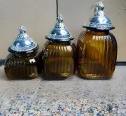 Vintage Amber Brown Ribbed Glass Set of 3 Canisters/ NEVER USED STILL IN BOX