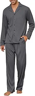 [Andeip] Men's Pyjama Set, Waffle Knit Lounge Pjs Set, Long Sleeve Top and Trousers, Sleepwear, 2 Pieces, Button Down Loungewear, Dark Grey, XX-Large
