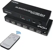 HDMI Switch Splitter 2 in 4 Out, HDMI Splitter Switch with Remote Control and SPDIF & 3.5 m Audio Out, Supports 4K @ 60Hz HDCP2.2 HDR, for PC Monitors PS4 TV Laptop Xbox