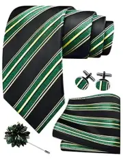 3.15"（8cm） Mens Stripe Tie and Lapel Pin Black / Emerald Green / Yellow