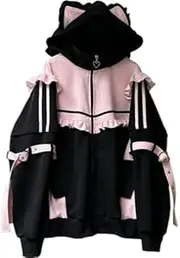 [Pokn] Tenshi Kawaii Hoodies Jirai Kei Fashion Cute Cat Ears Clothes Oversized Zip Up Hoodie Gothic Top