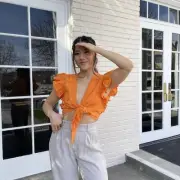 Abercrombie Fitch Bright Front Tie Flutter Sleeve Vacation Spring Crop Top SZ XS
