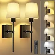 Bestbless Battery Operated Wall Sconces Set of 2: Black Rechargeable Wall Lights with 6000mAh Detachable Battery and Remote,4CCT Dimmable Wireless Sconce Lamp for Bedroom Living Room Hallway Bathroom