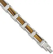 [JewelryWeb] 11.9mm Chsiel Stainless Steel Polished With Tigers Eye Inlay Link Bracelet 8.5 Inch-Link-Bracelet for Women