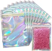[KAHEIGN] 100Pcs Foil Ziplock Bags, 10 x 15cm Holographic Colour Mylar Bags Double-Sided Metallic Foil Flat Ziplock Smell Proof Storage Bags for Party Favor Jewellery Candy Cookies