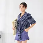 【MYDRESS】復古條紋下擺打結短袖襯衫