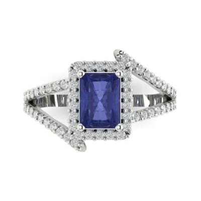 2.1Ct Emerald Cut Tanzanite Solid Gold Halo Engagement Promise Statement Ring