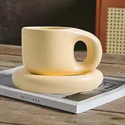 Kawaii Chubby Mugs - Cute Coffee Cup Set With Trays, 300 Ml Ceramic Mugs, Yellow