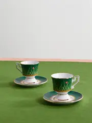 [La DoubleJ] La DoubleJ - Set Of Two Gold-plated Painted Porcelain Espresso Cups And Saucers - Green - One size One size Green