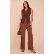 Tall Dark Chocolate Linen Look Tailored Straight Leg Pants, Dark Chocolate