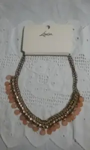 Vintage Lovisa Choker Necklace Gold Tone Mesh White Rhinestone with Peach Drops