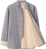 [NTWSHS] Chinese Clothing Tang Suit Men Hanfu Jacket Coat, Kung Fu Clothing Martial Arts Uniform Cotton Linen Tai Chi Uniform Long Sleeved Zen Meditation Uniform(Gray,Large)