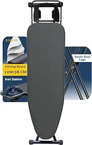 WULAR Extra Large Ironing Board, 120 x 38cm Iron Board with Iron Stand, Adjustable Height (68-89cm), 3-Layer Fabric Cover, Sturdy Steel Frame, Non-Wobbling Design for Home & Laundry - Black