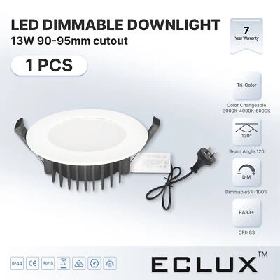 13W 90MM CUTOUT DIMMABLE TRI-COLOUR LED DOWNLIGHT IP44 WHITE FLAT FLUSH FACE