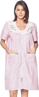 [Casual Nights] Women's Zipper Front House Dress Short Sleeve Woven Housecoat Duster Lounger Robe with Pockets