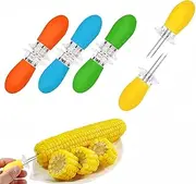 DDSHUN 8Pcs/4Pairs Stainless Steel Corn Holders, Corn Cob Holders, BBQ Skewers with Silicone Handle for Home Kitchen Cooking, Barbecue, Picnic