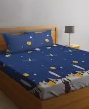 Rocket Design Super Soft Bedsheet for Kids with 2 Pillow Covers Blue color
