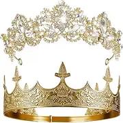 [Sureio] 2 Pcs Antique Royal King Crown for Men Baroque Queen Crown for Halloween Crystal Tiara Prom Party Headband Accessories
