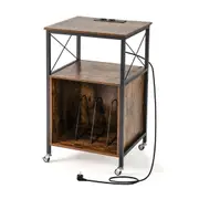 Giantex Turntable Stand Record Player Stand w/Built-in Charging Station Side Table Brown