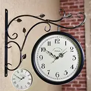 Station Clock Double-Sided Wall Clock Retro Station Clock Outdoor Area, Vintage Antique-Look Holder Station Clock for Indoor Garden, Old Station Clock A