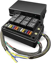 Pre-Wired Fuse Relay Box Waterproof, 8 5-Pin JD1914 Relay Slots and 12 ATC ATO Fuse Holder, with 8 5-Pin Relays and 12 Fuses, 12V Relay Fuse Block for Car Truck Boat RV Automotive Marine