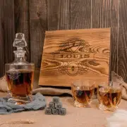 Engraved Twisted Whiskey Decanter with 2 Scotch Glasses & 6 Ice Stones Set in Wo