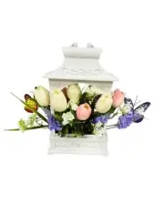 Spring Lantern,Tulips Artificial Flowers with Fairy Lights for Table White