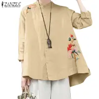 在飛比找蝦皮商城優惠-Zanzea 女式韓版日常刺繡長袖立領側開衩襯衫