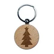 Christmas Tree with Star Solid Engraved Wood Round Keychain Tag Charm