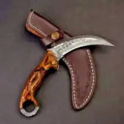 Custom Handmade Damascus Steel Karambit Knife with Rosewood Handle and Leather