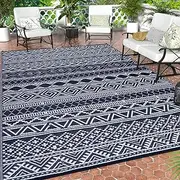 Outdoor Rugs 9x12 Reversible Mat for Camping, Stain-Resistant Plastic Straw Area Rugs, Modern Geometric Outside Carpet, Easy to Clean, for RV Patio Porch Deck Balcony Beach, Black Blue White