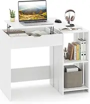 Giantex Lift Top Computer Desk, Modern Office Laptop Desk with Hidden Compartment & 2 Open Storage Shelves, Study Writing Table Workstation with Metal Lifting Mechanism for Home & Office, White