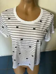 Love Peace & Lazy Days Black & White Striped Crop Tshirt w Cats - Women's Jrs L