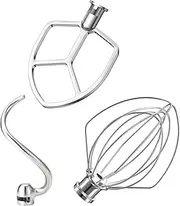 Stainless Steel Stand Mixer Attachments 3-Piece (5.5-6QT Flat Beater, 6QT Dough Hook, KN256 6-Wire Whip Attachment) for KitchenAid Tilt-Head Stand Mixer and 5.5-6 Quart Bowl, Dishwasher Safe