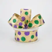 10 yard ROLL 1.5" WIRED Mardi Gras ribbon~polka dot purple green glitter