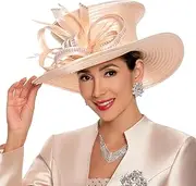 [Go Mai] Women's Church Hat for Baptism Wedding Wide Brim Rhinestone Fascinator Sunday Chapel Tea Party Hat