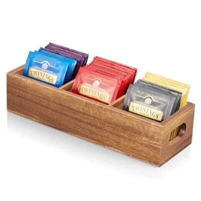 Tea Bag Organizer Tea Bag Holder, Tea Storage Containers with 3 Slots Acacia