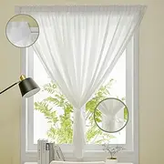 Sheer Curtains No Drill Light Filtering Privacy Curtain with Tiebacks Self Adhesive Pleated Blinds Pattern Gauze Curtains for Living Room Kitchen Window French