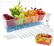 [Ozwen] 5-Compartment Ice Chilled Condiment Server Tray with Hinged Lid & Tongs & Spoons & Forks & Mini Cup, Condiment Caddy Container Cocktail Garnish & Ice Fruit Salad Server & Food Serving Tray