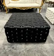 Chesterfield Footstool Black Leather Tufted fabric Crystal Buttons